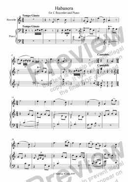 page one of Habanera for C Recorder and Piano