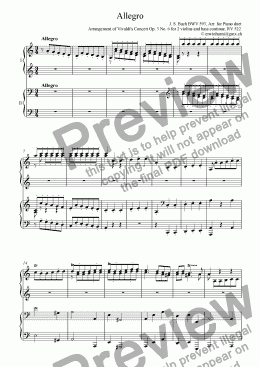page one of J. S. Bach: Concerto II, (Vivaldi Concerto Op. 3 No. 6 RV 522) Piano 4 hands