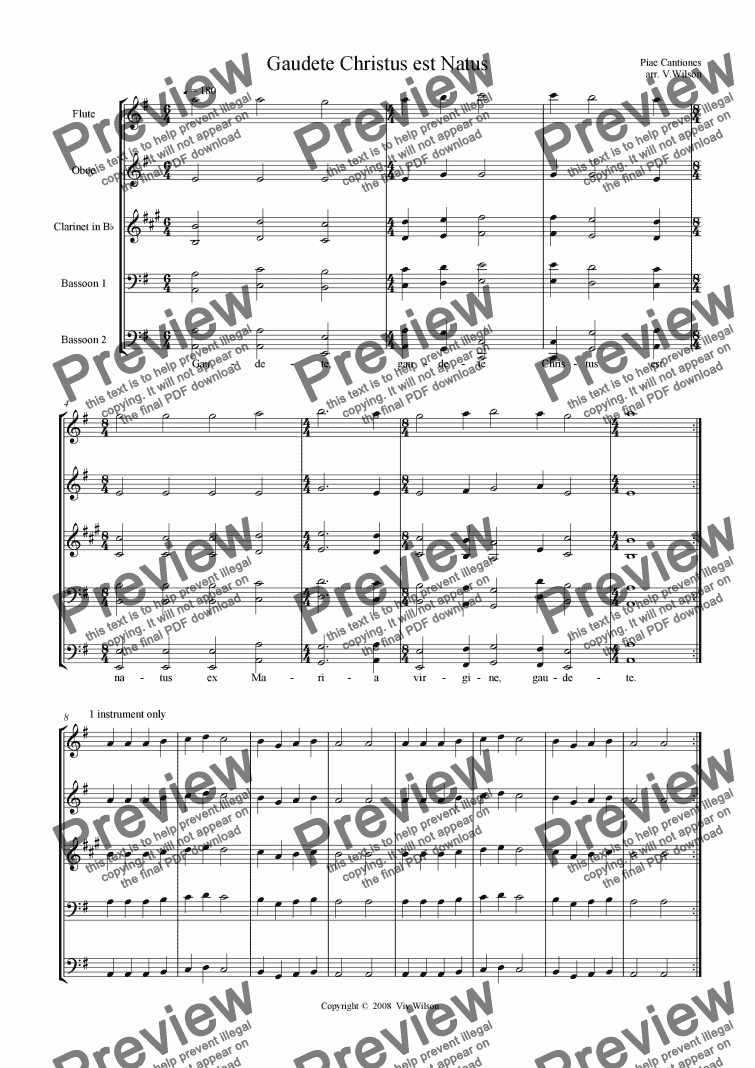page one of GAUDETE CHRISTUS EST NATUS (Woodwind quintet)