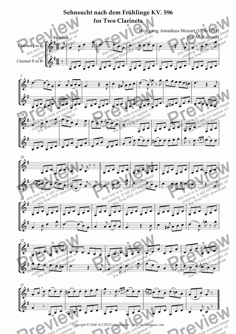 page one of "Sehnsucht nach dem Frühling" KV.596 for Two Clarinets