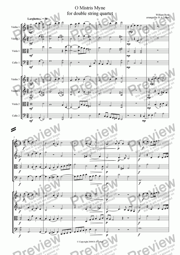 page one of Byrd - O MISTRIS MYNE - for double string quartet