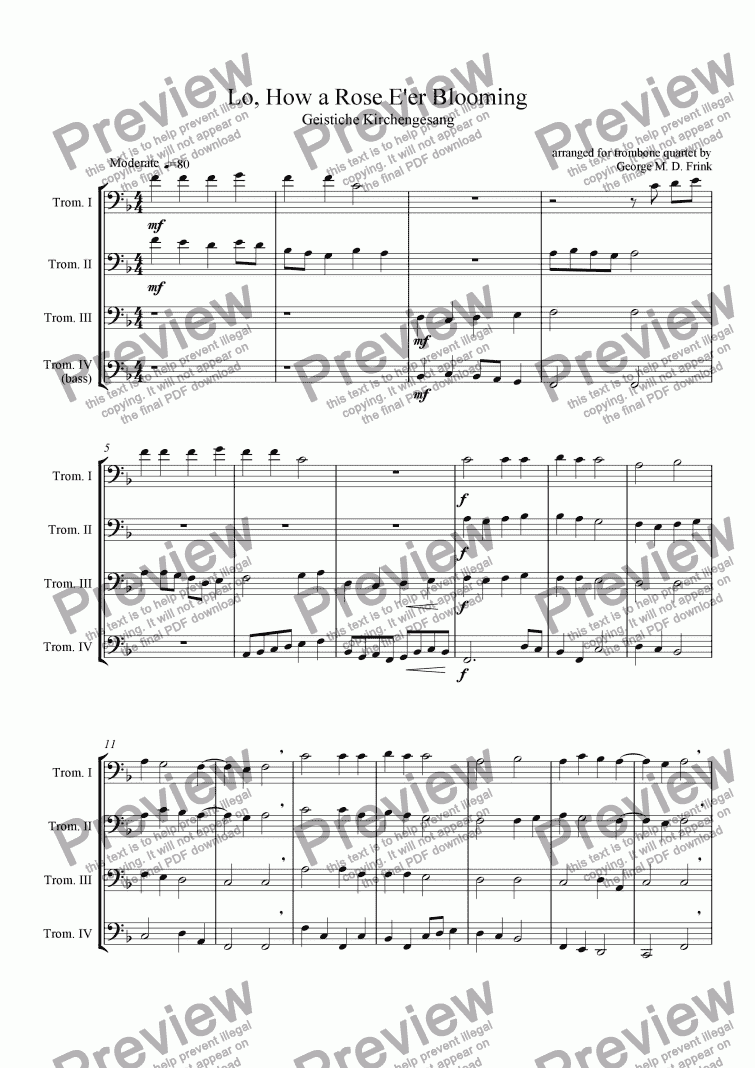 page one of Lo, How a Rose (trombone quartet)