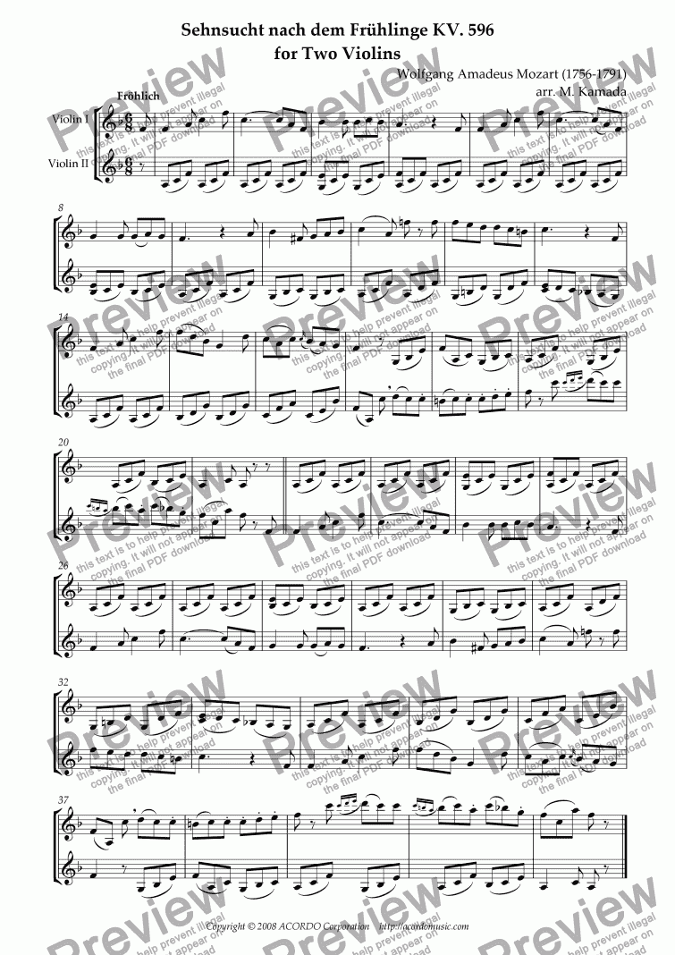 page one of "Sehnsucht nach dem Frühling" KV.596 for Two Violins