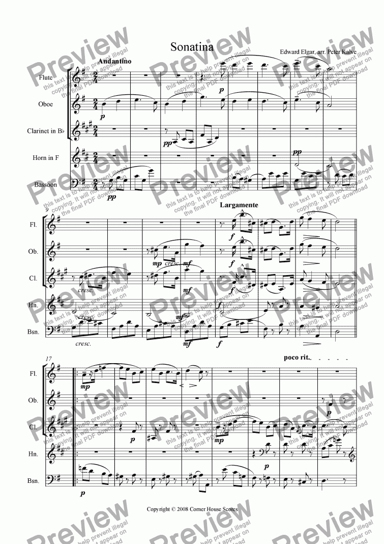 page one of Sonatina (by Edward Elgar, arranged for Wind Quintet by Peter Kalve)