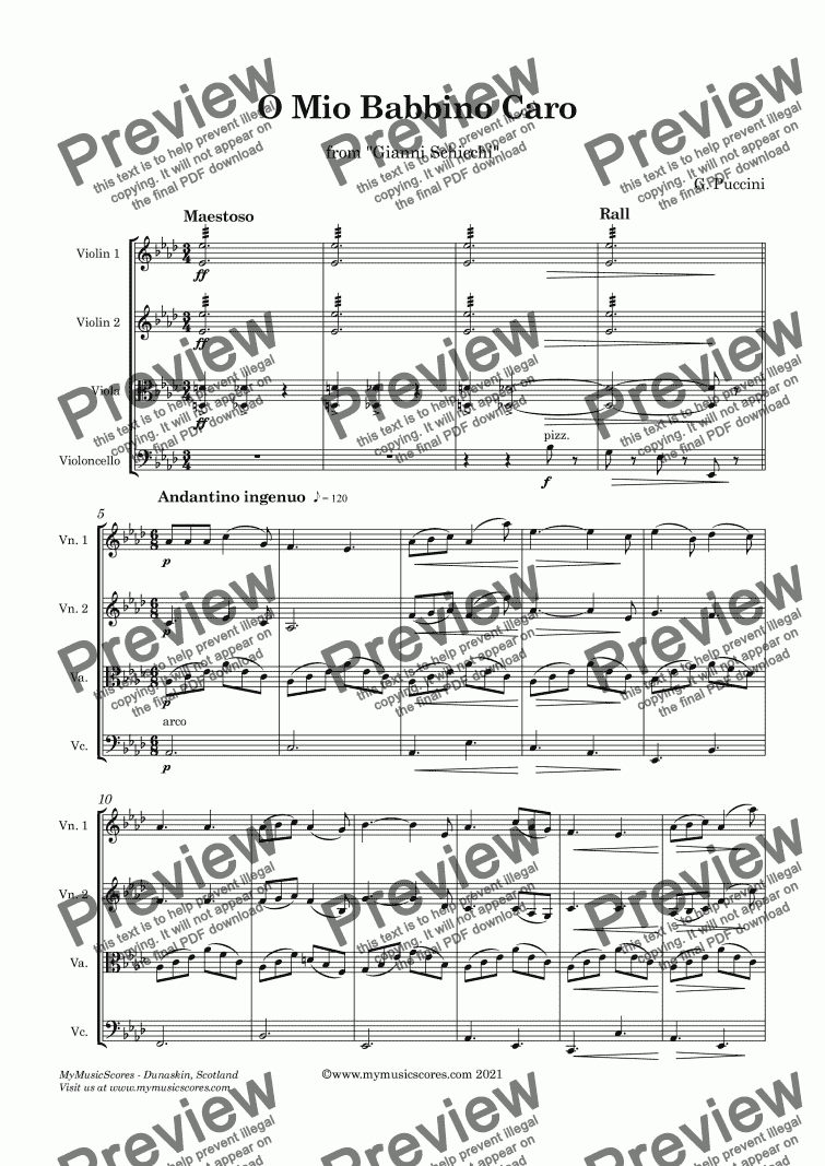 page one of Puccini  O Mio Babbino Caro for String Quartet