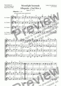 page one of Beethoven - Moonlight Serenade - Allegretto (2nd Mov.) - Guitar QUARTET
