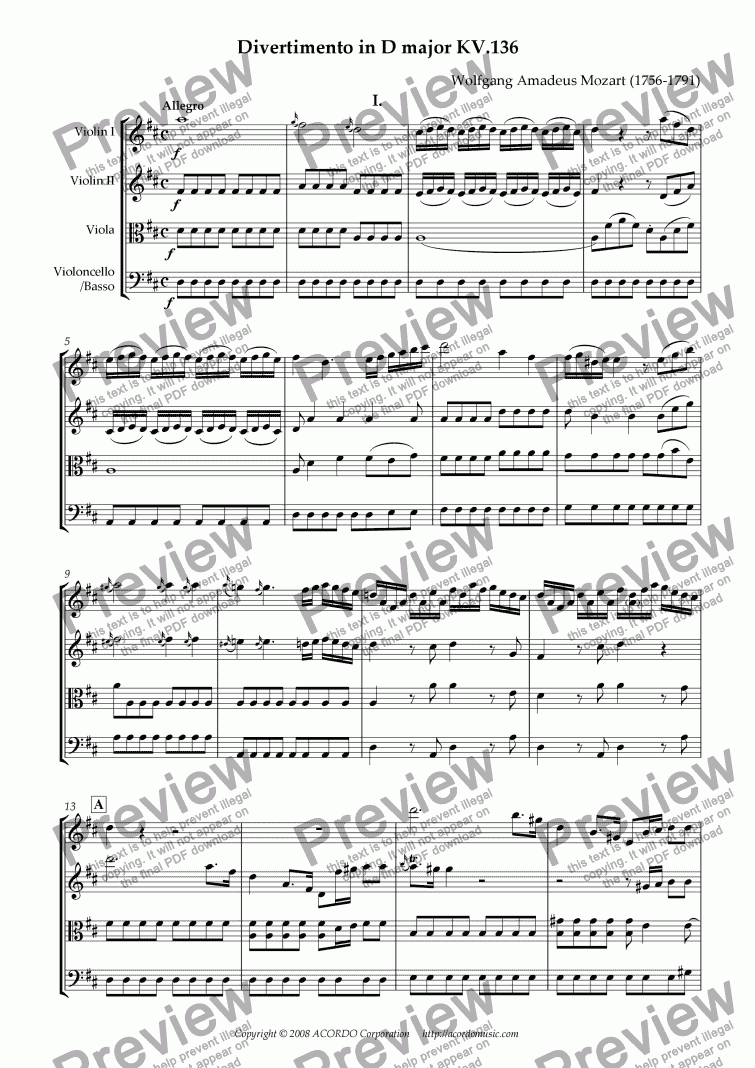 page one of Divertimento in D major KV.136