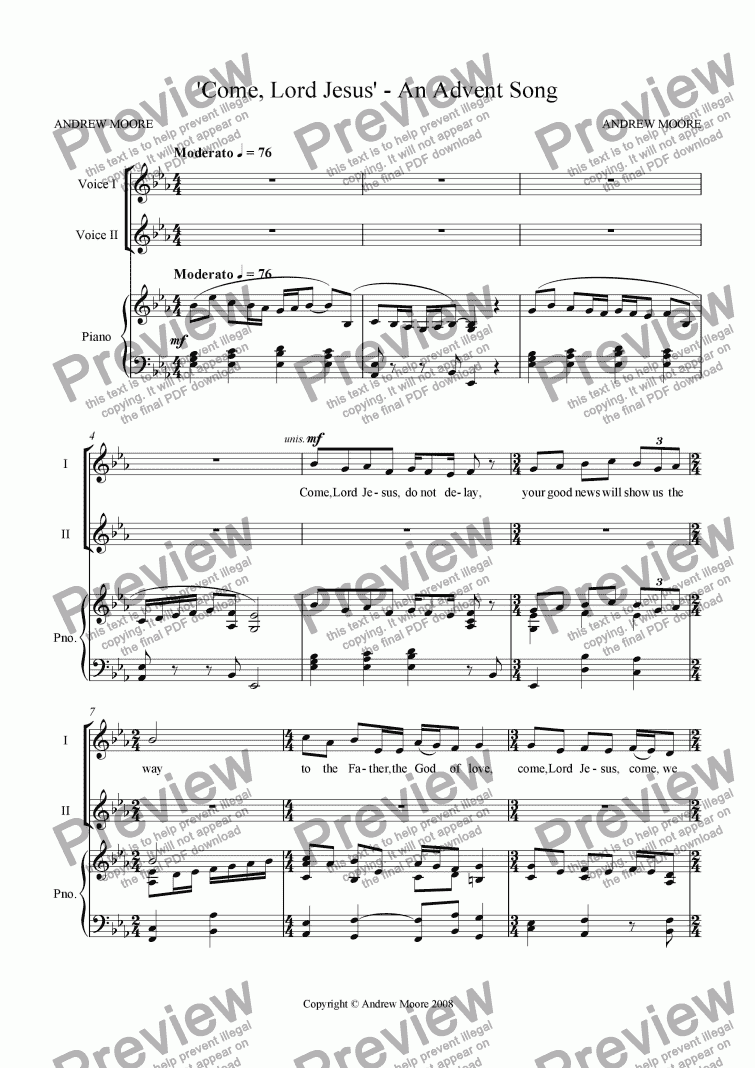 page one of ’Come, Lord Jesus’ - An Advent Song