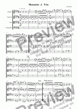 page one of J. HAYDN: Menuetto (excerpt from Piano Sonata No 15 Hob. XVI/13, 1766) arranged for String Quartet