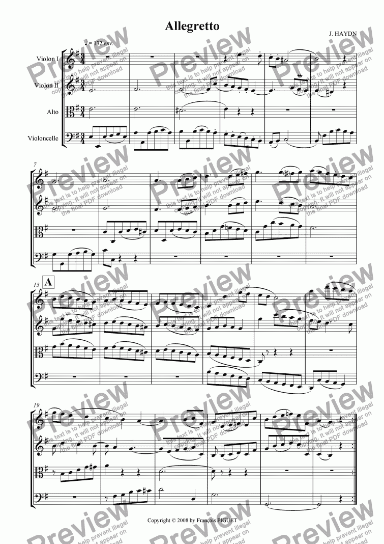 page one of J. HAYDN: Allegretto (excerpt from Piano Sonata N� 46 Hob. XVI/31, 1776) arranged for String Quartet
