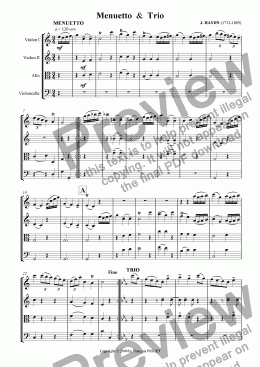 page one of J. HAYDN: Menuetto & Trio (excerpt from Piano Sonata No 14 Hob. XVI/3) arranged for String Quartet