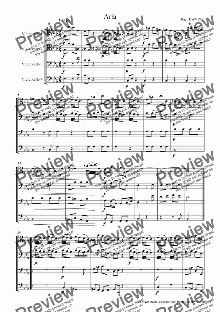page one of Bach Aria BWV1070 for Cello Quartet