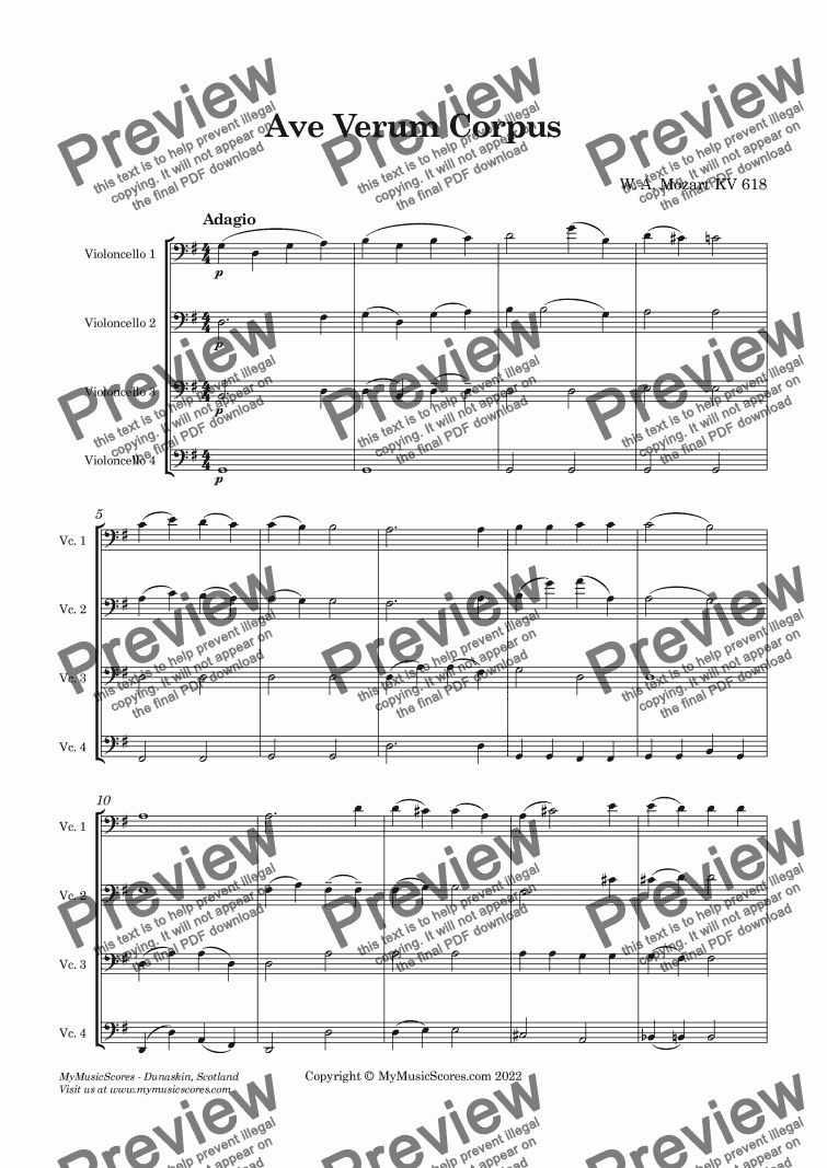 page one of Mozart Ave Verum Corpus for Cello Quartet