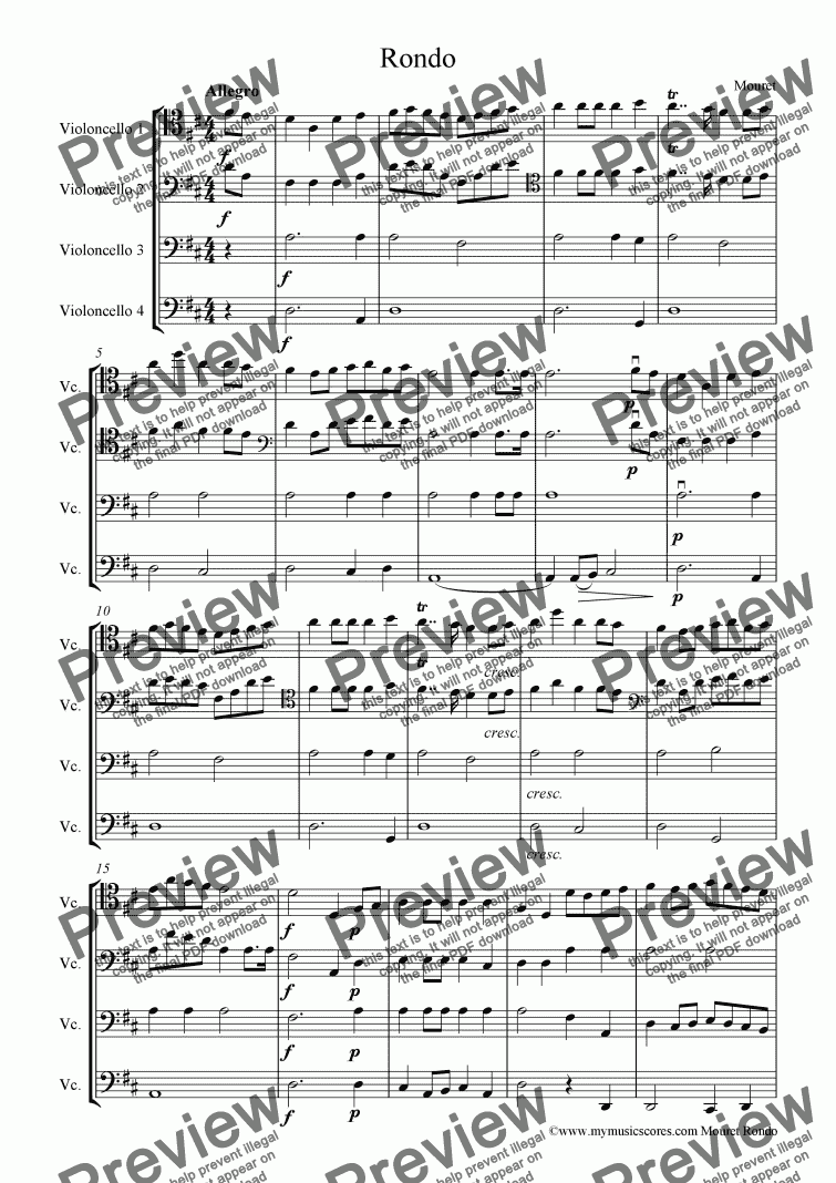 page one of Mouret Rondo for Cello Quartet