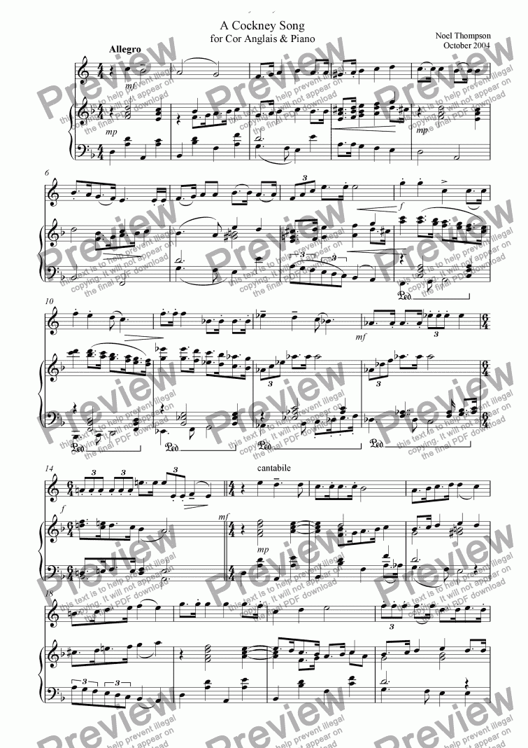 page one of Cockney Song  for Cor Anglais and Piano-now with cor anglais part