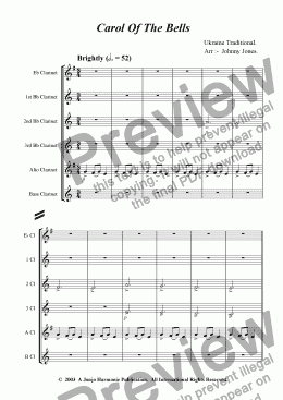 page one of Carol Of The Bells   (Clarinet Choir of 6)