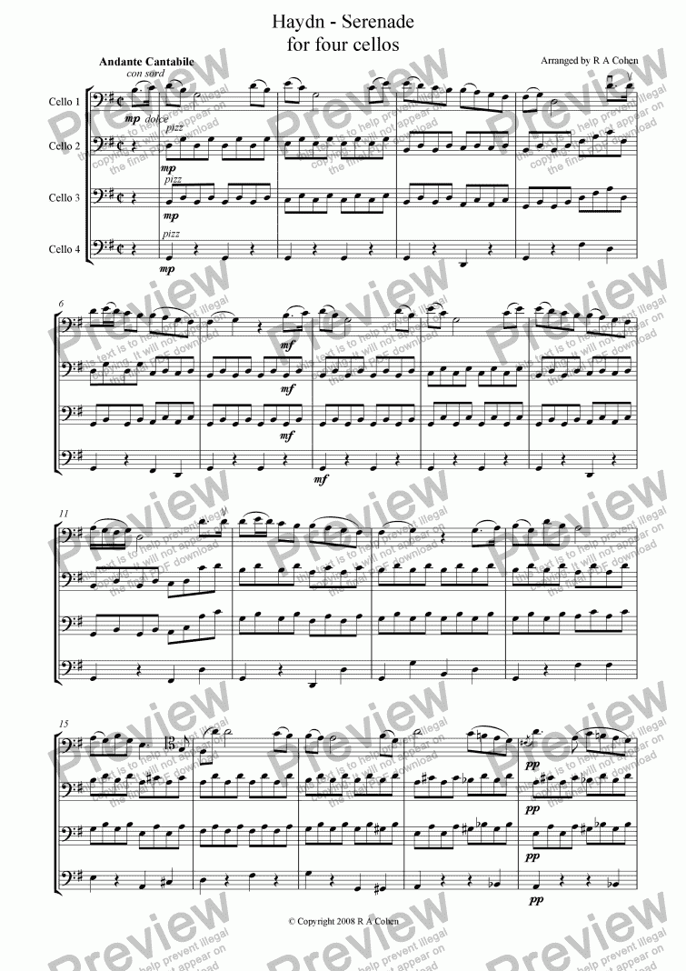 page one of Haydn - SERENADE - for four cellos