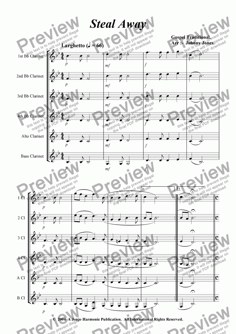 page one of Steal Away   (Clarinet Choir)