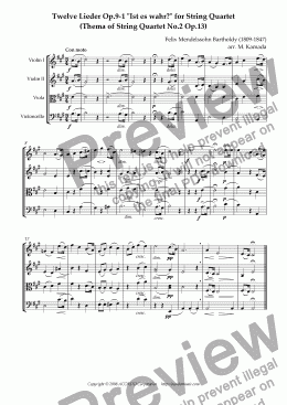 page one of Twelve Lieder Op.9-1 "Ist es wahr?" for String Quartet (Thema of String Quartet No.2 Op.13)