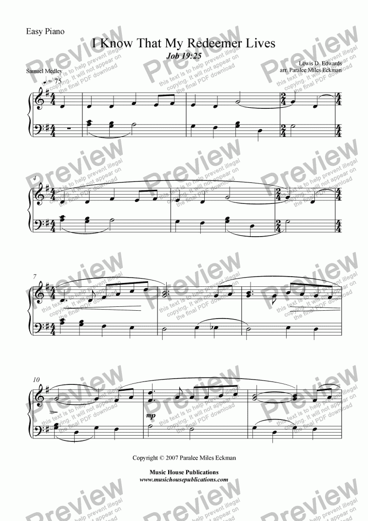 page one of I Know That My Redeemer Lives (Easy Piano Solo)