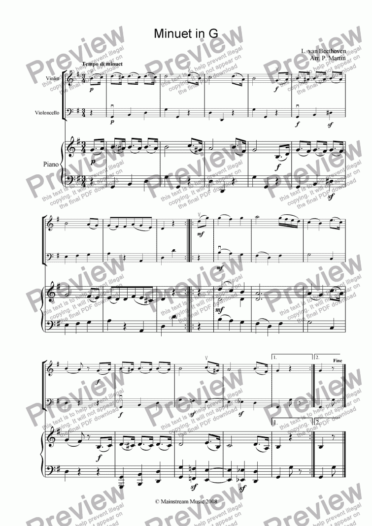 page one of Minuet in G - Piano Trio