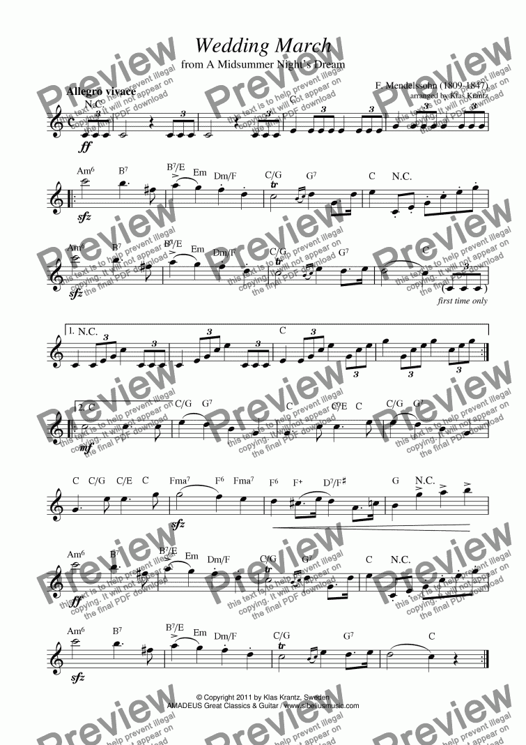 page one of Wedding March, melody+guitar chords (lead sheet)