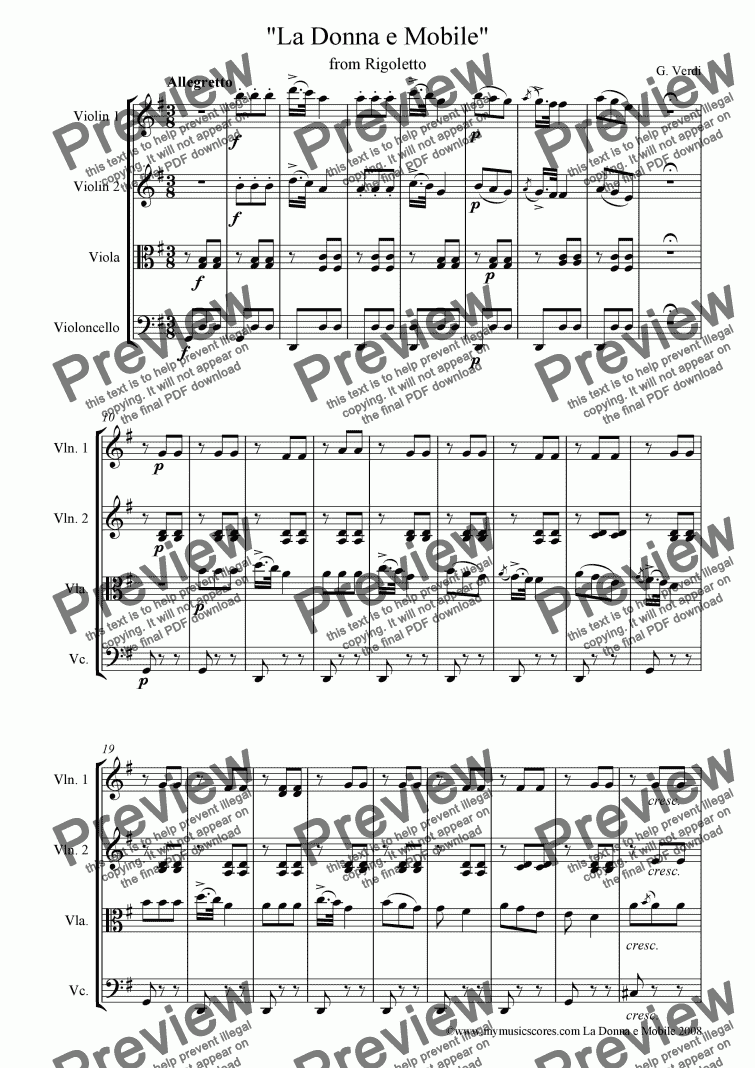 page one of Verdi "La Donna e Mobile" for String Quartet