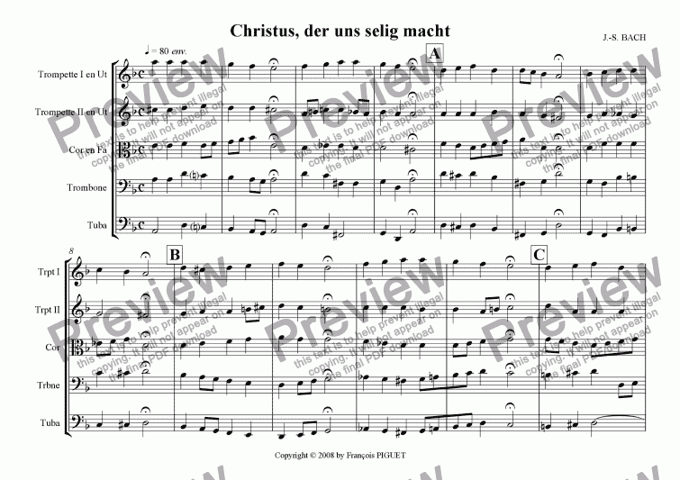 page one of J.-S. BACH: Christus, der uns selig macht arranged for Brass quintet