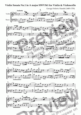 page one of Violin Sonata No.1 in A major (HWV 361) for Violin & Violoncello