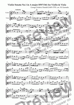 page one of Violin Sonata No.1 in A major (HWV 361) for Violin & Viola