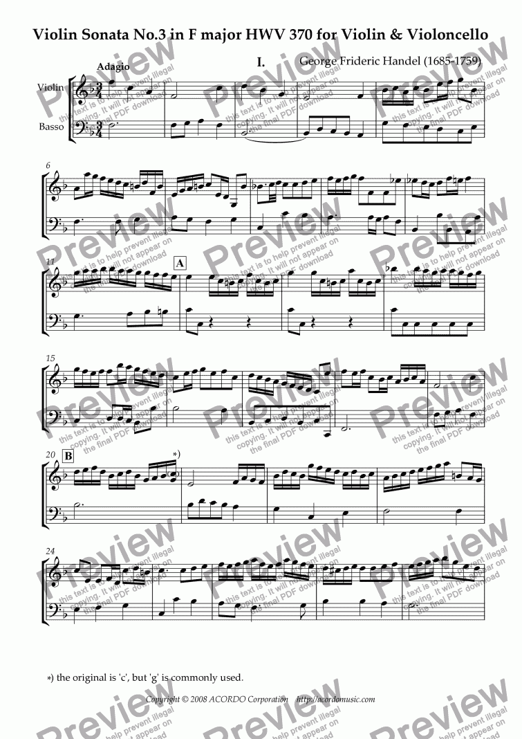 page one of Violin Sonata No.3 in F major HWV 370 for Violin & Violoncello