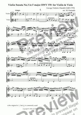 page one of Violin Sonata No.3 in F major HWV 370 for Violin & Viola