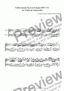page one of Violin Sonata No.4 in D major HWV 371 for Violin & Violoncello