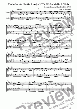page one of Violin Sonata No.6 in E major HWV 373 for Violin & Viola