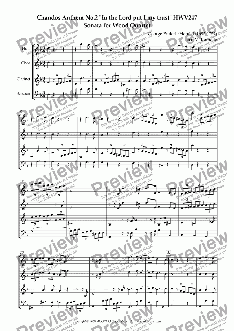 page one of Chandos Anthem No.2 "In the Lord put I my trust" HWV247 Sonata for Wood Quartet