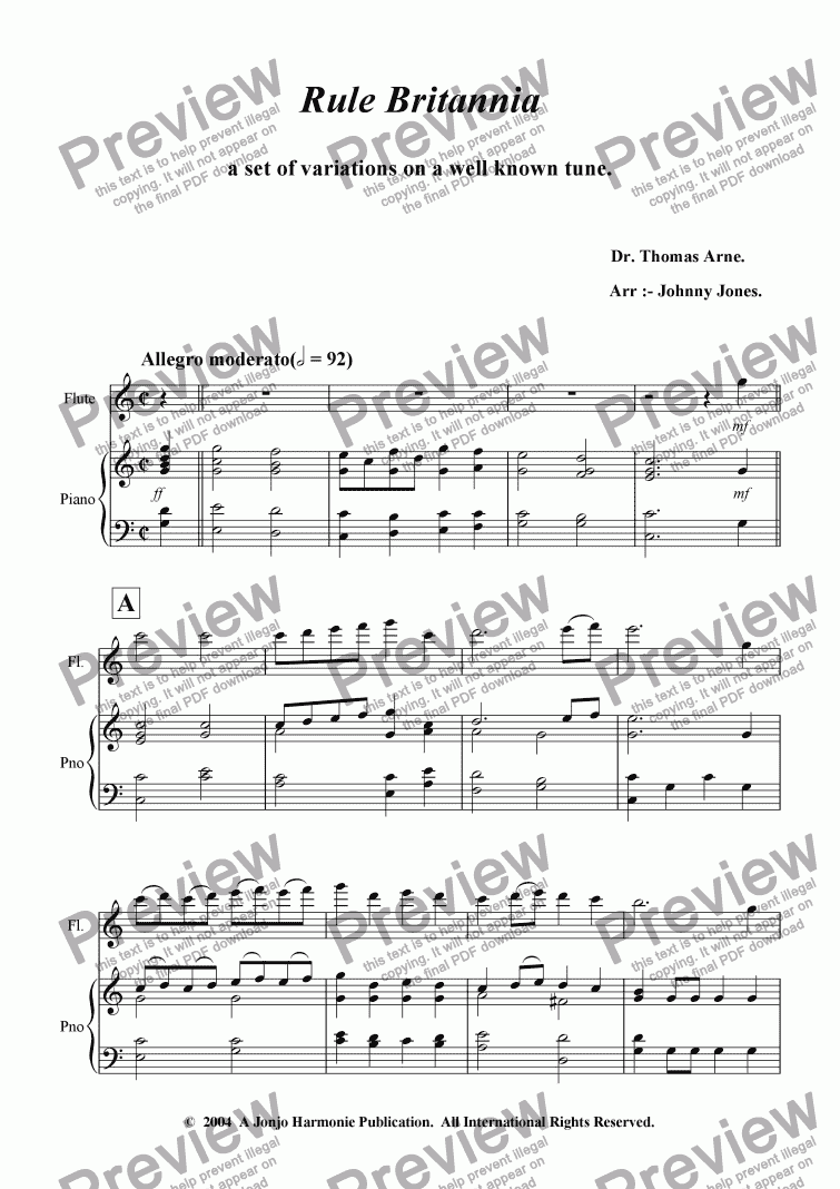 page one of Rule Britannia  (Variations for Flute and Piano)