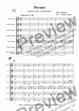 page one of Pavane  No 2 from Capriol Suite  (Clarinet Choir + )