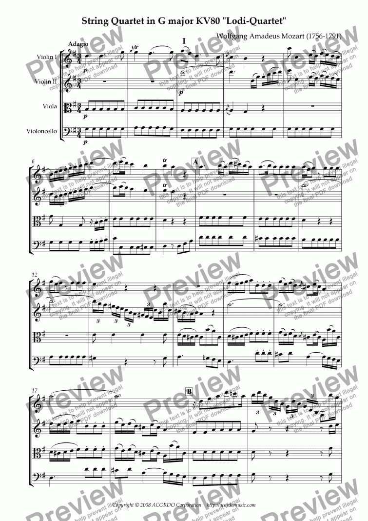 page one of String Quartet in G major KV80 "Lodi-Quartet"
