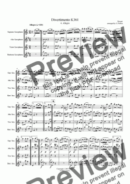 page one of Divertimento [K361] 4. Allegro (Saxophone quartet)