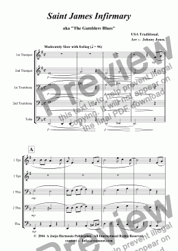 page one of St James Infirmary Blues  (Brass Quintet + )