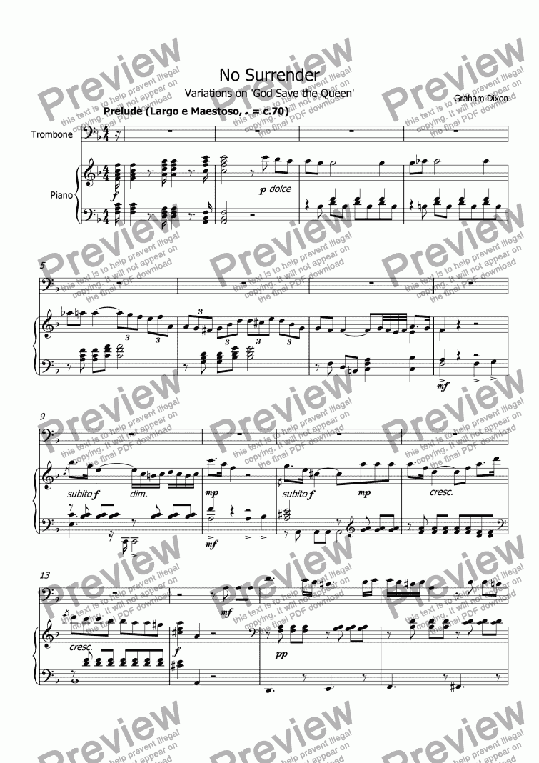 page one of No Surrender! (Variations on 'God Save the Queen') for Trombone and Piano