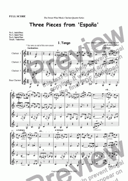 page one of Three Pieces from 'Espana' arr. for Clarinet Quartet