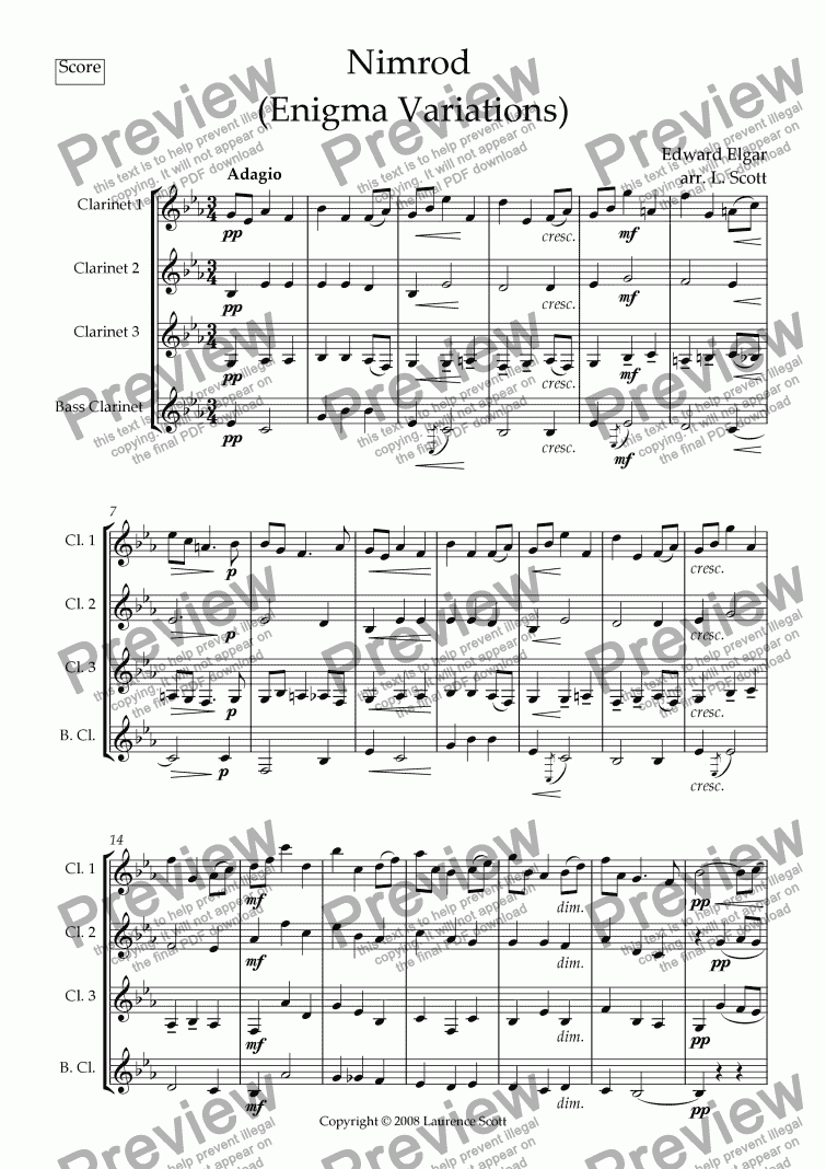 page one of Nimrod from Enigma Variations for Clarinet Quartet