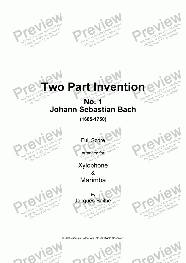page one of Bach Two Part Invention No.1 for Xylophone & Marimba