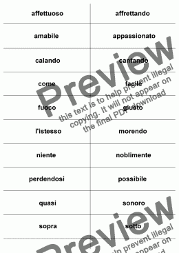 page one of Flash Cards: Additional Italian Terms Grade 4