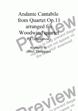 page one of Andante Cantabile from Tchaikowsky's Quartet Op.11 arranged for Woodwind quartet