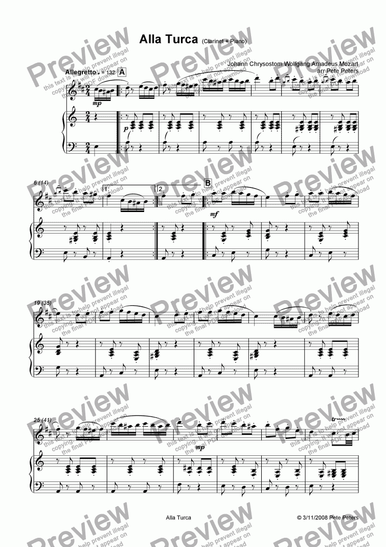 page one of Alla Turca [Mozart] Clarinet + Piano