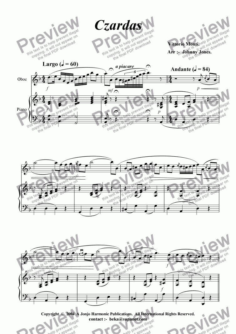 page one of Czardas   (Oboe and Piano)