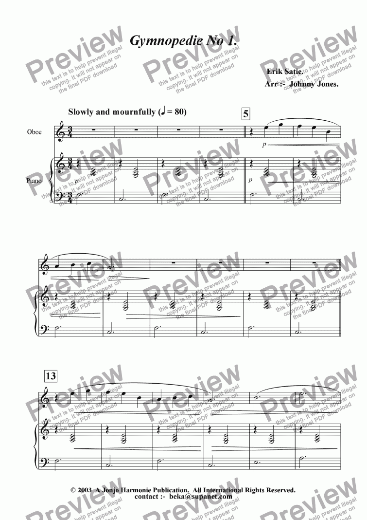page one of Gymnopedie No 1.   (Oboe and Piano)