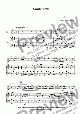 page one of Tambourin   (Hasse,  Oboe and Piano)